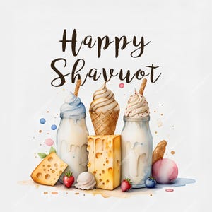 5 Clipart minimaliste ad acquerello di Shavuot / Latte, formaggio e gelato con testo ebraico Shavuot (שבועות) / Set di banner JPG per la festa ebraica moderna