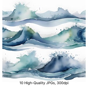 10 aquarel oceaan kalme clipart | High-res JPG kustlandschap, rustige strandkunst, serene oceaanscène voor sublimatie en decor