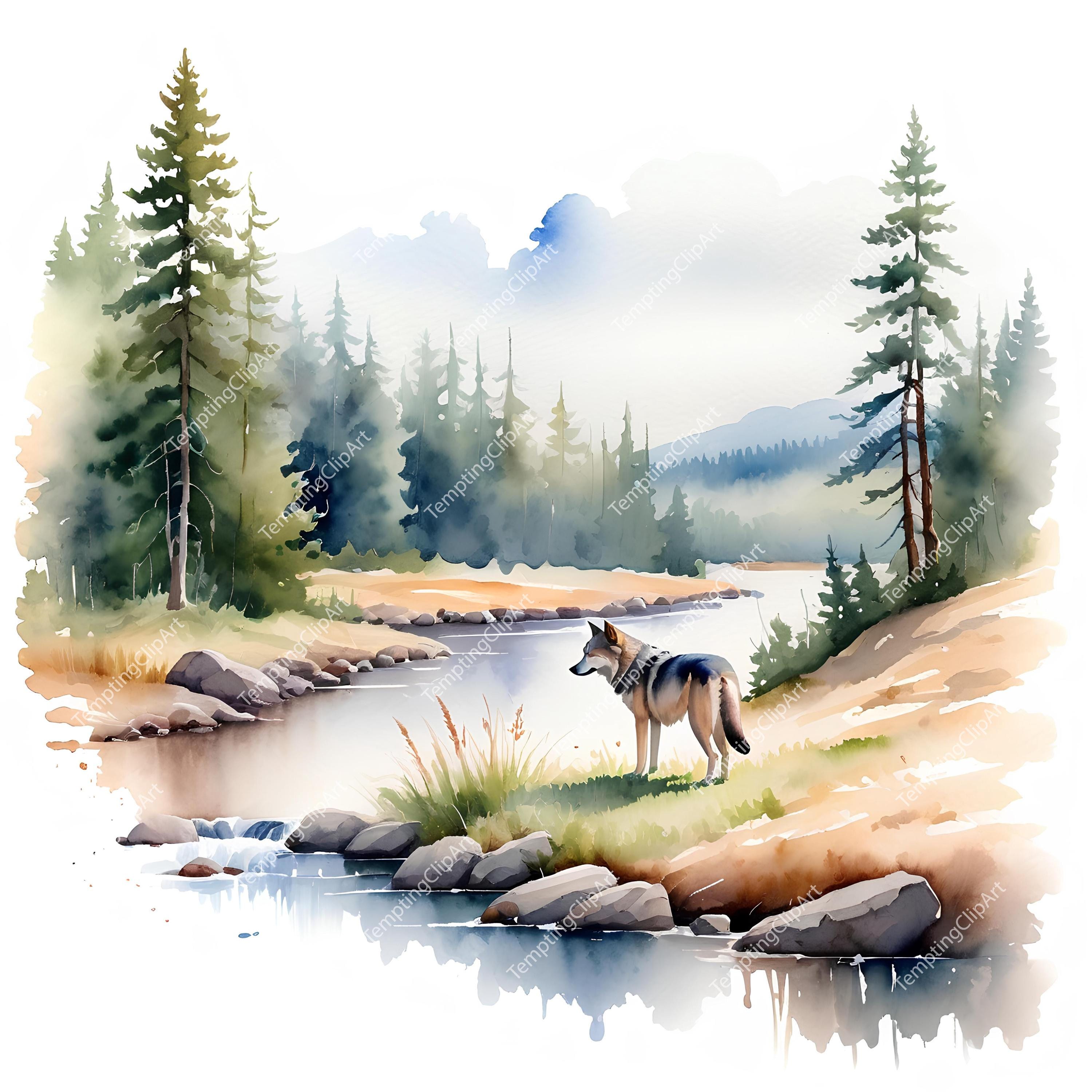 10 Watercolor Wolf Collection | Wolves in Snowy Forest & Landscapes ...