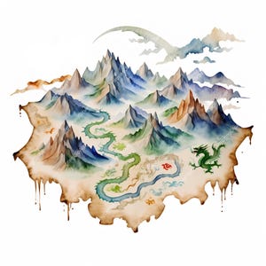 Aquarell Fantasy Landkarte Clipart: Drachen & Berge RPG Set (JPG Bundle
