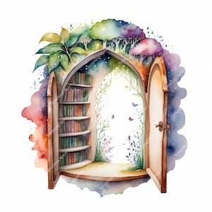 10 Aquarell Geheime Regalpassagen | Versteckte Türen zu magischen Welten | Fantasy Clipart Bundle | Hochwertiges JPG | Digitaler Download