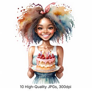 10 cliparts aquarelle femme noire | Fille afro-américaine et mère, Art de gâteau d'anniversaire de maman | Sublimation JPG de haute qualité, téléchargement immédiat