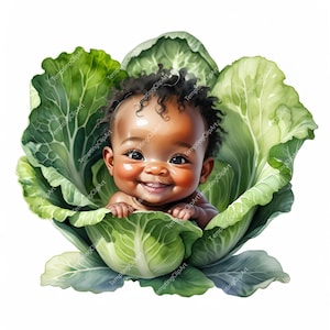 Watercolor Black Baby Clipart | Cabbage Illustration (Digital Download)