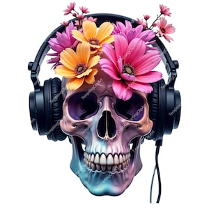 20 Floral Skulls Clipart | Halloween Skulls with Flowers & Headphones PNG JPG | Gothic Boho Skull Illustrations | Digital Download