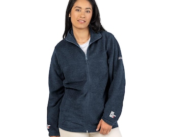 May include: A navy blue fleece jacket with a full-length zipper, a stand-up collar, and a small logo on the upper left sleeve. The jacket has two side pockets and a small logo on the right sleeve. The model is wearing a white t-shirt underneath.