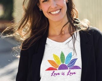 Subtle LGBTQ V neck Shirt, Love is Love v neck shirt, Subtle Pride v neck Tee, Gay Pride shirt, Rainbow flower shirt