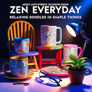 May include: An image of a coloring book titled "ZEN EVERYDAY" with mugs, a plate, and a small plant. The mugs and plate have intricate doodle designs. A pair of glasses and a key are also present. The scene is lit by a desk lamp.