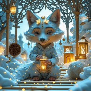 以下が含まれることがあります： 明るい青色の衣装を着たキツネのようなキャラクターが、光るランタンを持っている気まぐれなイラスト。キツネは花柄とぶら下がっている装飾で飾られています。シーンは、ランタンと柔らかく光る光のある夢のような環境に設定されています。