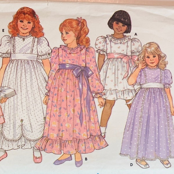 Vintage Childs Dress Pattern 5 Styles 2 Lengths Jewel Neckline Hemline Ruffle Princess Seams Size 5 Breast 24 80s Butterick 3649 UNCUT