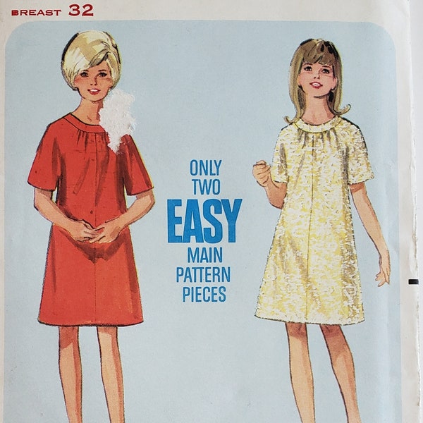 60s Girls Easy One-Piece Dress Pattern A-line with Short Kimono Sleeves Size 14 Breast 32 Vintage Butterick 4142 UNCUT