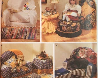 Doll and Teddy Bear Chairs and Accessories Pattern Ottoman Table Pillows Rug Dolls Display Simplicity 8641 UNCUT