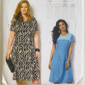 May include: Butterick sewing pattern B6033 by Connie Crawford for a dress with modern fit and ready-to-wear sizing. The envelope displays two dress variations: one with a black and beige leaf print and another in two-tone blue fabric.
