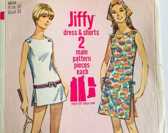 Easy 60s Misses Play-Dress Pattern 2 Lengths, Shorts and Scarf Size 10 Bust 31 Vintage 1967 Simplicity 7091 Used Complete