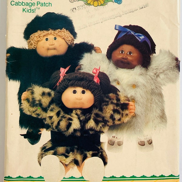 Cabbage Patch Kids Coats Pattern 3 Styles and Hat Faux Fur Vintage 1980s Butterick 6984/347 UNCUT