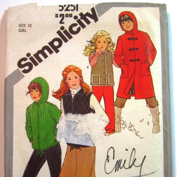 Girls Lined Hooded Coat, Unlined Quilted Vest and Hooded Jacket and Vest Size 12 Vintage Simplicity Pattern 5251 UNCUT