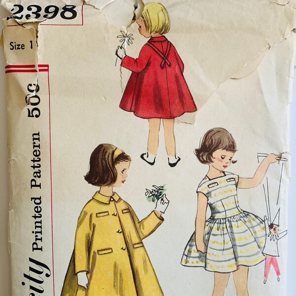 Easy 50s Childs Dress and Coat Pattern Size 1 Breast 20 Kimono Sleeves Full Skirt Vintage Simplicity 2398 Used Complete