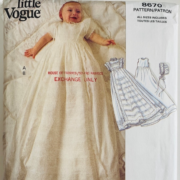 Infants Christening Gown Dress, Bonnet and Slip Pattern Baptism Sizes NB S Vintage Teresa Layman Vogue 8670 UNCUT