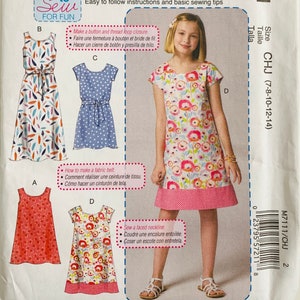 Easy Pattern for Girls Pullover Dress and Belt 4 Styles Back Neckline Slit and Button/Thread Loop Sizes 7 8 10 12 14 McCalls M7111 UNCUT
