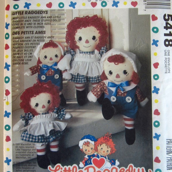 Little Raggedy Dolls Pattern 2 Sizes Boy and Girl with Clothes McCalls 5418/702 UNCUT
