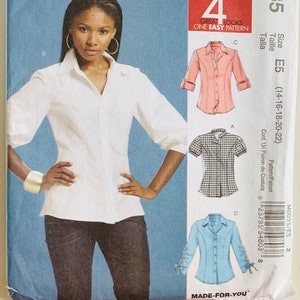 Easy Misses Shirts Pattern 4 Styles Princess Seams, Button Closure Sleeve and Collar Variations Sizes 14 16 18 20 22 McCalls M6035 UNCUT
