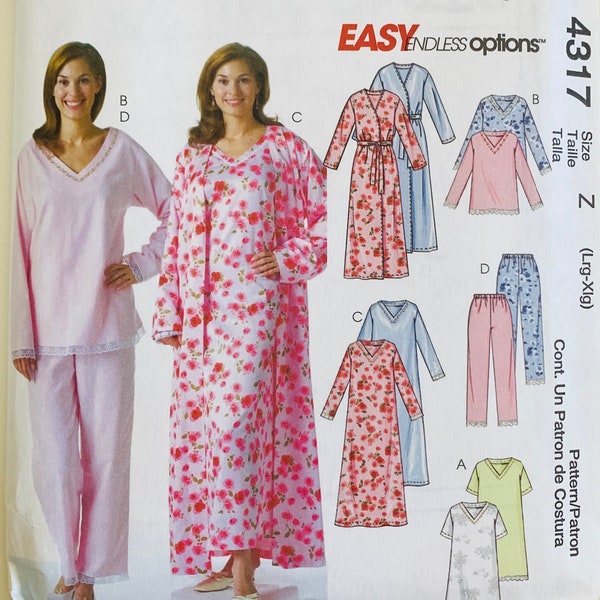 Easy Sew Misses Nightgown in 2 Lengths, Pajama Pants, Pajama Top and Robe Sizes Lrg (16-18) Xl (20-22) McCalls Pattern 4317 UNCUT