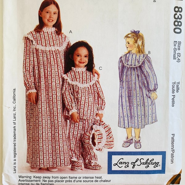 Lanz of Salzburg Little Girls Nightgown 2 Lengths and Pajamas Pattern Bootees and Doll Size XS 2,4 Vintage McCalls 8380 UNCUT