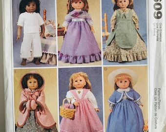 18 inch Doll Historical Clothes Pattern Dress, Shawl, Pinafore, Top, Skirt, Pantaloons McCalls Crafts 2609 M7227 UNCUT