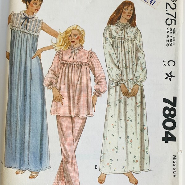 Vintage Misses Pajamas or Nightgown Pattern with 2 Sleeve Lengths Size Small 10-12 1980s McCalls 7804 UNCUT