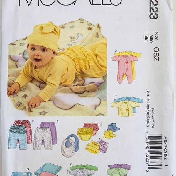 Infant Layette Pattern Coveralls Top Bodysuit Pants Diaper Cover Blanket Booties Bib Hat Sizes Nb S M L McCalls 3665 M6223