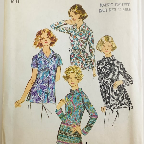 Early 70s Misses Blouse Pattern 4 Styles Sleeve and Collar Variations Size 14 Bust 36 Vintage Simplicity 5359 UNCUT