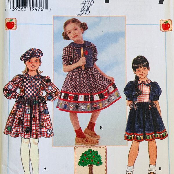 Little Girls Dress 2 Styles, Full Skirt, Long or Short Sleeves and Hat Sizes 3 4 5 6 Vintage 1990s Simplicity Pattern 7337/0625 UNCUT