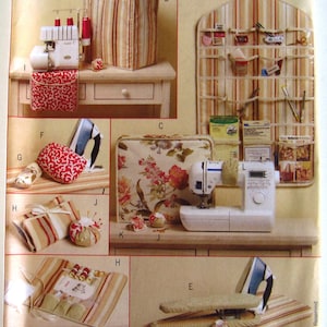 May include: A sewing-themed image featuring various accessories. Includes a sewing machine, iron, pin cushions, and storage cases. The items have striped and floral patterns in beige, red, and white. The image also shows a sewing organizer.