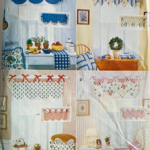 May include: A Butterick pattern for reversible valances. The image shows four different valance designs with floral and gingham patterns. The text "Fast & Easy" and "Reversible Valances!" is visible. The pattern includes the text "199 ONE SIZE UNE SEULE TAILLE".