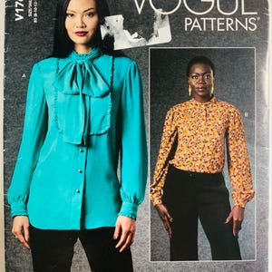 Vogue Blouse Pattern V1769 UNCUT Misses Sizes 8-16 2 Styles Loose-fitting, Stand Collar, Bib Front, Shaped Hem