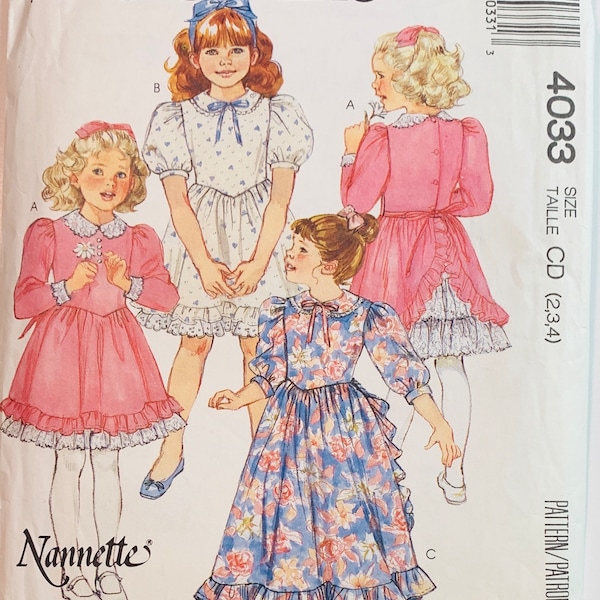 80s Childs Dress or Gown Pattern Long or Short Sleeves with Gathered Caps Lace Ruffles Sizes 2 3 4 Nannette McCalls 4033 UNCUT