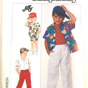 May include: Simplicity Jiffy pattern for children's clothing, size 4. The image shows a boy wearing a blue floral shirt, white pants, and a blue cap. Other images show a boy in a red cap and shorts, and another in a white shirt and red pants.