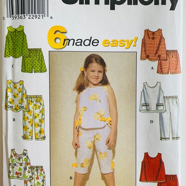 Easy Sew Little Girls Summer Tops, Capri Pants and Shorts 6 Styles Sizes 5 6 6X Simplicity Pattern 8676 UNCUT
