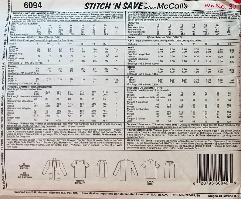 Puede incluir: Un patr&oacute;n de costura vintage de McCall's para chaqueta, blusa y falda. El patr&oacute;n incluye diagramas detallados y medidas en cent&iacute;metros, con opciones de tallas de 8 a 20. El patr&oacute;n es de 1992.