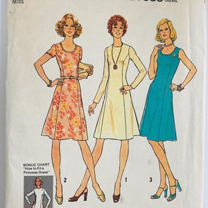 May include: Vintage Simplicity sewing pattern for a Fashion Basic Dress, size 6, bust 30 1/2 inches. The cover features illustrations of three different dress styles in various colors and patterns. Includes a bonus chart for a princess dress.
