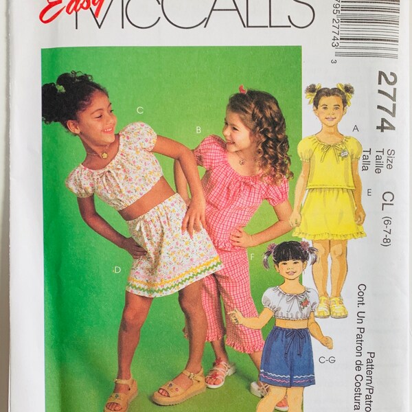 Easy Sew Little Girls/Girls Summer Top, Skirt, Capri Pants and Shorts Sizes 6 7 8 McCalls Pattern 2774 UNCUT