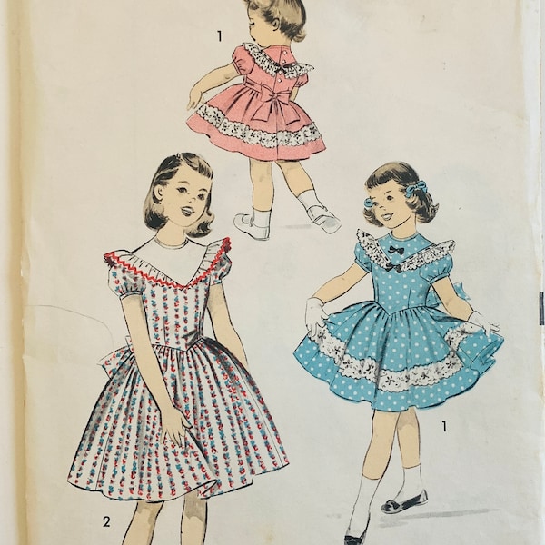 50s Childs Party Dress Pattern 2 Styles Puffed Sleeves Shaped Ruffle Size 4 Vintage Advance 7898 UNCUT