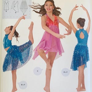 May include: Simplicity sewing pattern 1077 for dance costumes. The package displays three variations of dance outfits including a blue sequined skirt with a matching top and a pink sleeveless dress with a tie-dye bodice and sheer skirt.