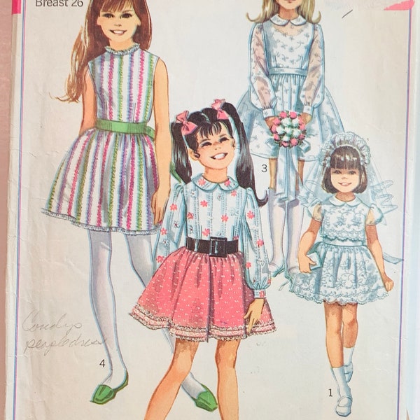 60s Girls Size 7 Dress Pattern 4 Styles High Round Neckline Back Zipper Gathered Skirt Stitch to Dart Fitted Bodice Vintage Simplicity 8171