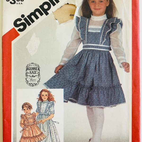 Gunne Sax Childs Dress Pattern 3 Styles Sleeve and Length Variations Lace and Ribbon Trimmed Size 4 Vintage Simplicity 5862 UNCUT