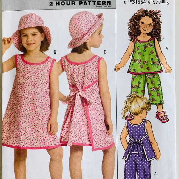 Very Easy Little Girls Sleeveless Top, Sleeveless Dress, Cropped Pants and Hat Sizes 2 3 4 5 Butterick Pattern B5019 UNCUT
