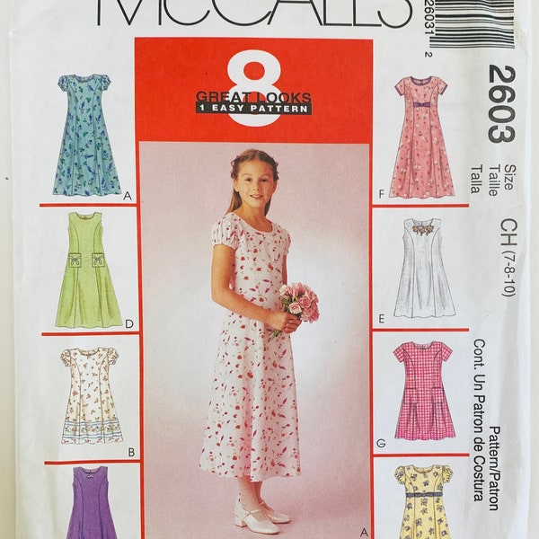 Easy Pattern for Girls Princess Seam Dress 2 Lengths, Round Neckline, Sleeve Variations Sizes 7 8 10 McCalls 2603 UNCUT