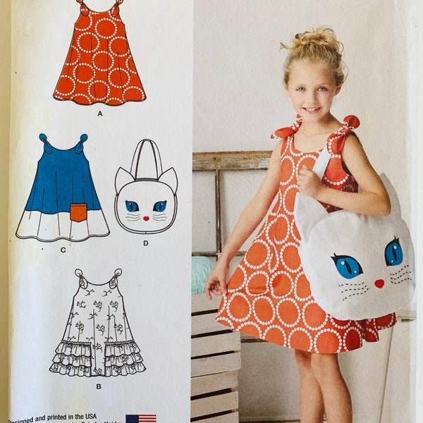 Easy Girls Sundress Pattern 3 Styles with Kitty Cat Tote Bag Purse Sizes 3 4 5 6 7 8 Simplicity 8102 UNCUT