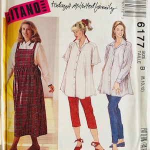 May include: McCall's sewing pattern featuring three women's fashion designs. The pattern includes a plaid jumper, a white tunic with red capri pants, and a striped tunic with blue jeans. The pattern number is 6177, size B (8,10,12).
