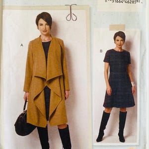 May include: Sewing pattern for Lisette B6244, featuring two women's fashion designs. One design is a long, tan coat with a draped front. The other is a dark dress with short sleeves. The pattern includes sizes 8-16.