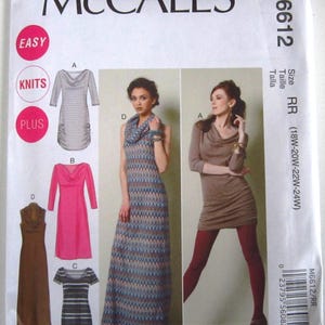 May include: A McCall's M6612 sewing pattern envelope for knit dresses in sizes 18W-24W. The cover displays illustrations of four dress variations labeled A, B, C, and D, alongside photographs of two models wearing the finished garments.